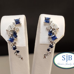 Sapphire Earrings, 14k White Gold Blue Sapphire & Diamond Stud Earrings, Blue Sapphire Climbing Stud Earrings, September Birthstones, #E1615