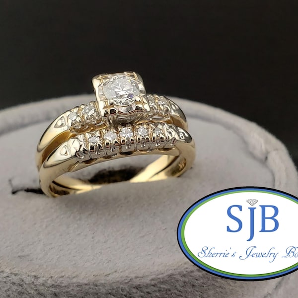 Vintage Engagement Ring Set, Vintage 14k Yellow Gold Diamond Engagement Ring & Diamond Wedding Band, Anniversary Rings, Size 6.25 #C5593