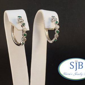 Emerald Earrings, 14k Emerald and Diamond Hoops, 14k White Gold Emerald & Diamond Hoop Earrings, Hoop Earrings, May Birthstones, #E1516