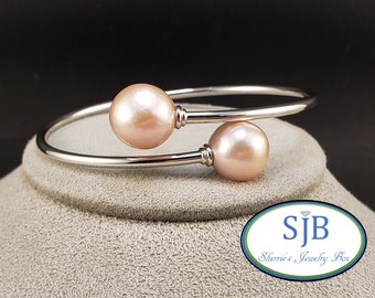 Pearl Bracelets, Sterling Silver Pink Pearl Bracelets, 925 Sterling Silver 13mm Double Pink Pearl Cuff Bracelet, Stackable Bracelets, #B236