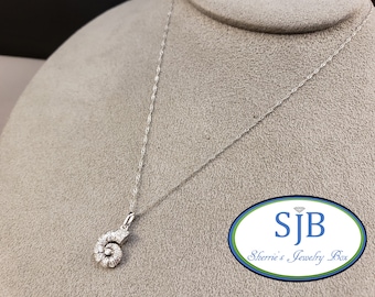 Diamond Pendants, Seashell Pendants, 14k White Gold Diamond Nautilus Pendant With 18" Chain, Beach Theme Jewelry, April Birthstones, #P1504