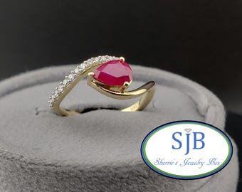 Ruby and Diamond Rings, 14k Yellow Gold Pear Shape Ruby & Diamond Ring, Stackable Ruby Anniversary Ring, July Birthstone, Size 6.25, #R1432