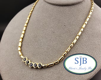 Vintage Sapphire Necklaces, Vintage 18k Yellow Gold Bezel Set Oval Sapphires & Diamond Statement Necklace, 16.5" Layering Necklaces, #C3609