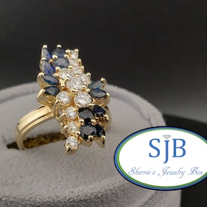Vintage Sapphire & Diamond Rings, Vintage 14k Yellow Gold Blue Sapphire and Diamond Statement Ring, September Birthstones, Size 8, #C3559