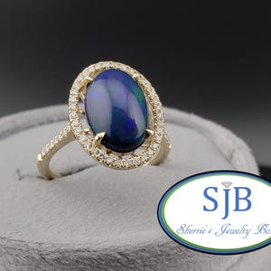 Opal and Diamond Rings, 14k Yellow Gold Oval Australian Black Opal & Diamond Halo Ring, Unique Opal Statement Rings, Size 6.5, #R1343