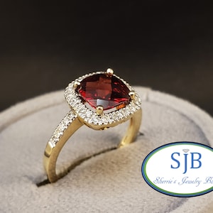 Garnet Rings, 14k Garnet & Diamond Rings, 14k White Gold Garnet and Diamond Halo Ring, Red Stone Ring, January Birthstone, Size 7.25, #R329