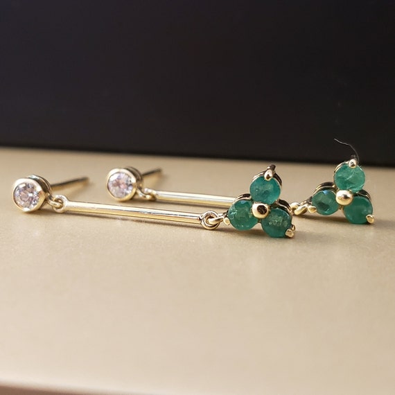 Emerald Earrings, 14k Yellow Gold Emerald & Diamo… - image 4