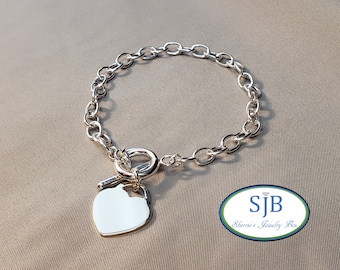 STERLING SILVER 8 INCH DOUBLE LINK HEART BRACELET WITH DANGLE HEART FREE ENGRAVE 