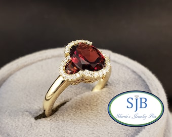 Garnet Rings, Garnet Halo Rings, 14k Garnet and Diamond Ring, 14k Yellow Gold Red Garnet & Diamond Halo Ring, Halo Rings, Size 7.25, #R1030