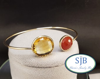 Gemstone Bracelets, 14k Citrine & Carnelian Bracelet with Diamonds, 14k Yellow Gold FLEXIBLE Cuff Bracelet, Stackable Gold Bracelets, #B245