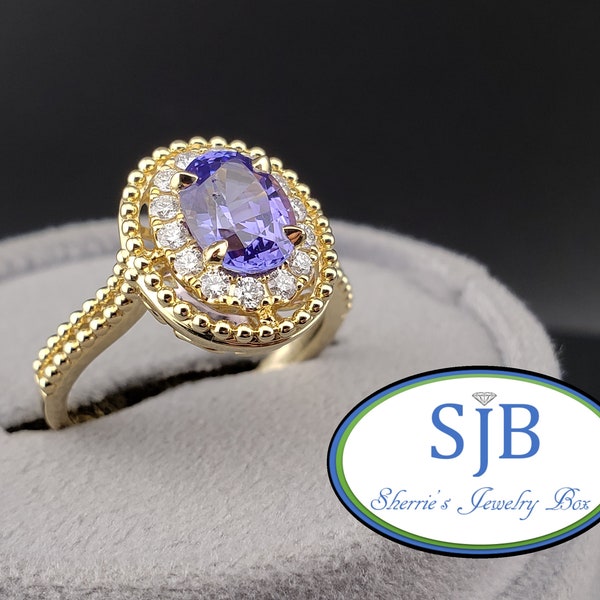 Tanzanite Rings, Tanzanite & Diamond Rings, 14k Yellow Gold Oval Tanzanite and Diamond Halo Ring, December Birthstones, Size 6.75, #R1269