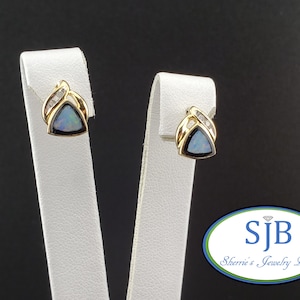 Vintage Opal Earrings, Vintage 14k Yellow Gold Opal Onyx & Diamond Stud Earrings, Unique Vintage Earrings October Birthstone Studs, #C4786
