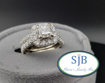 Vintage Engagement Ring, Vintage 14k White Gold Princess Cut Diamond with Square Diamond Halo Engagement Ring & Band set, Size 5.25, #C4367