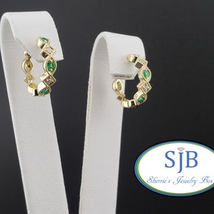 Emerald Hoop Earrings, 14k Emerald & Diamond Hoops, 14k Yellow Gold Emerald and Diamond Huggie Hinged Hoop Earrings, May Birthstones, #E1811