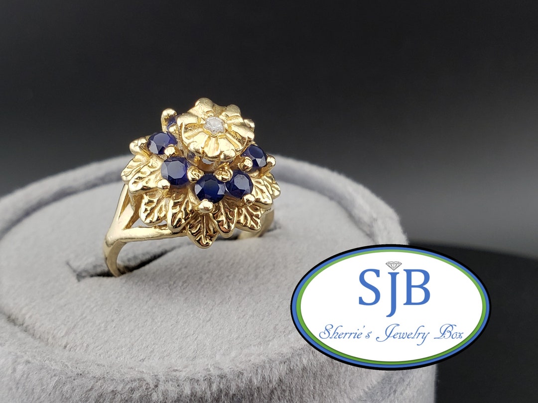 サファイア＆ダイヤモンドリング、ヴィンテージ 14K イエローゴールド