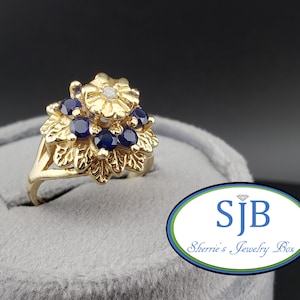 Sapphire and Diamond Ring, Vintage 14k Yellow Gold Blue Sapphire & Diamond Halo Ring, Floral Rings, September Birthstones, Size 6.25, #C4238