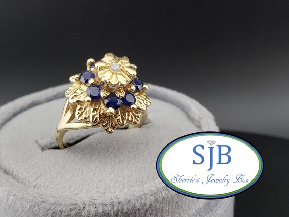 ゴールド サファイア ダイアリング サファイア＆ダイヤモンドリング、ヴィンテージ 14K イエローゴールド