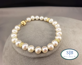 Pearl Bracelets, Vintage Pearl Bracelets, 7.5" Pearl Bracelet With 14k Yellow Gold Clasp, Stackable Pearl Bracelet, Wedding Jewelry, #C1931