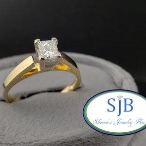 Engagement Rings, Diamond Solitaire Engagement Rings, 14k Yellow Gold & Platinum Princess Cut Diamond Engagement Ring, Size 6.75, #WD096