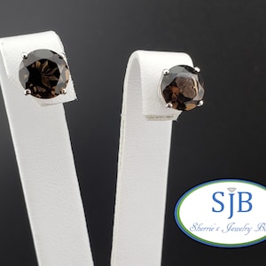 Smoky Quartz Earrings, 14k White Gold Smokey Quartz Stud Earrings, Checkerboard Cut Smokey Quartz Earrings, 14k Brown Stone Earrings, #E1150