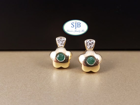 Emerald Earrings, 14k Emerald and Diamond Earrings