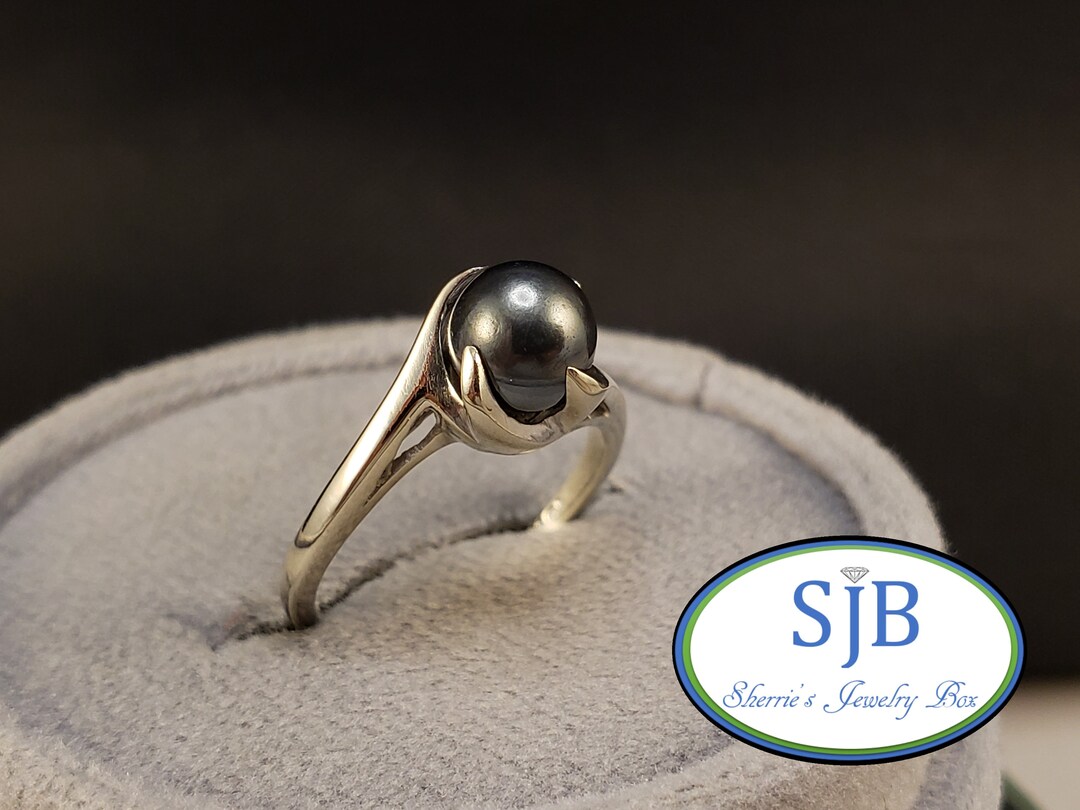 10mm Tahitian Black Pearl Solid 14k White Gold Unique Diamond Dainty Engagement  Ring Vintage | Amazon.com