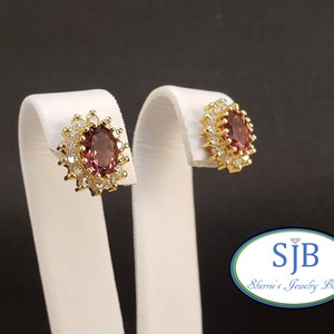 Pink Tourmaline Earrings, Pink Tourmaline & Diamond Studs, 14k Yellow Gold Pink Tourmaline and Diamond Halo Stud Earrings, #E664