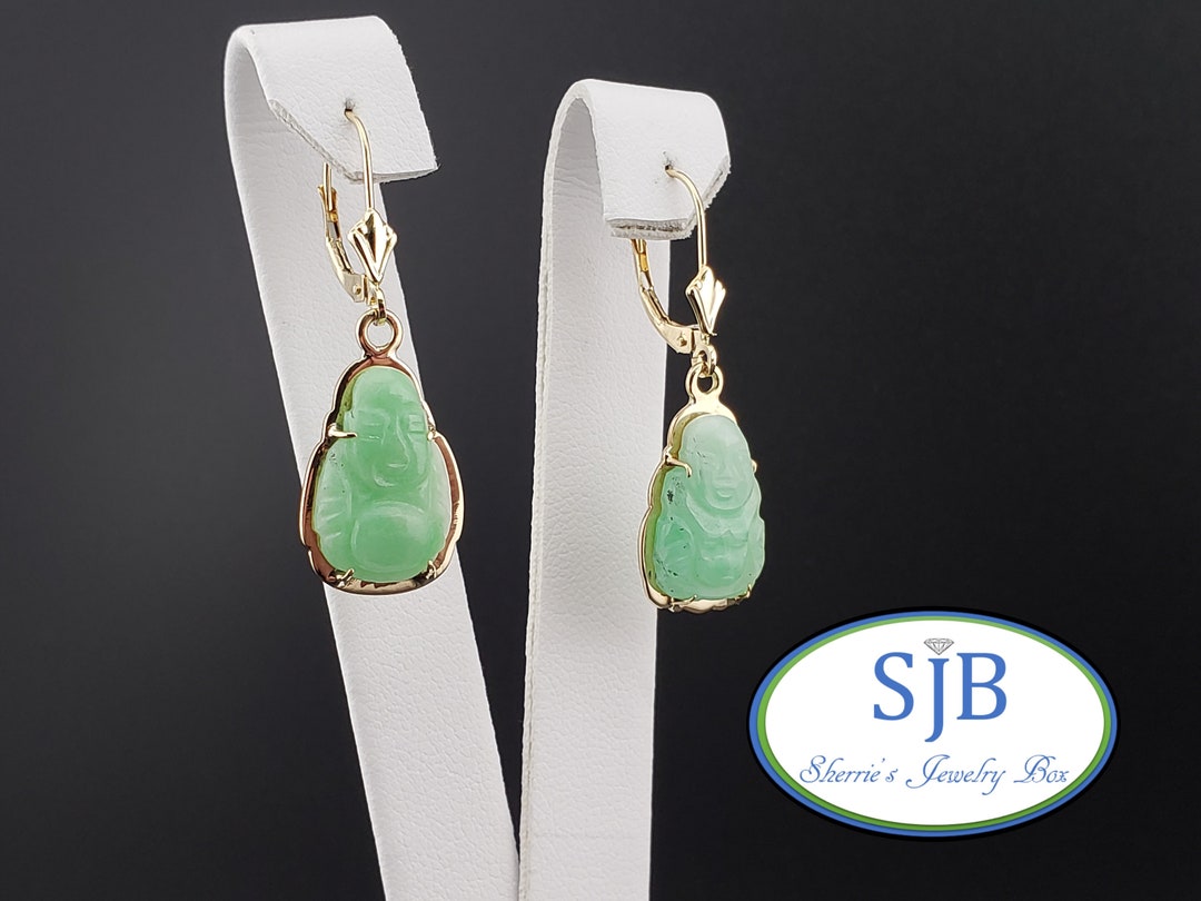 Jade Earrings, Vintage Jade Drop Earrings, 14k Buddha Earrings, 14k