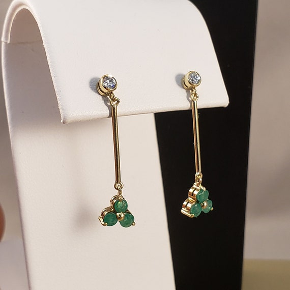 Emerald Earrings, 14k Yellow Gold Emerald & Diamo… - image 6