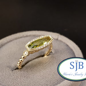 Peridot Rings, Peridot & Diamond Halo Ring, 14k Yellow Gold Peridot and Diamond Ring, August Birthstones, Stackable Rings, Size 6.75, #R1139