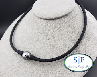 Pearl Necklace, Tahitian Pearl Necklace, Black Pearl Silicon Necklace, Sporty Pearl Jewelry, Double Bracelet, Mens Jewelry, 16.5", #P936