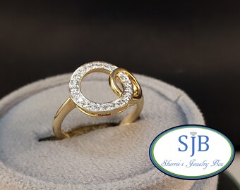 Diamond Rings, 14k Double Circle Diamond Ring, 14k Yellow Gold Diamond Halo Ring, Diamond Statement Ring, April Birthstone, Size 7, #R1024