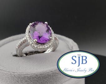 Vintage Amethyst Rings, Vintage 14k White Gold Amethyst and Diamond Halo Ring, Statement Rings, February Birthstone Rings, Size 7, #C4530