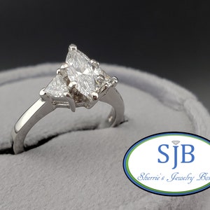 Platinum Diamond Ring, Vintage Marquise Diamond Rings, Vintage Platinum Marquise & Trillion Diamond Engagement Ring, Size 4.5, #C3517