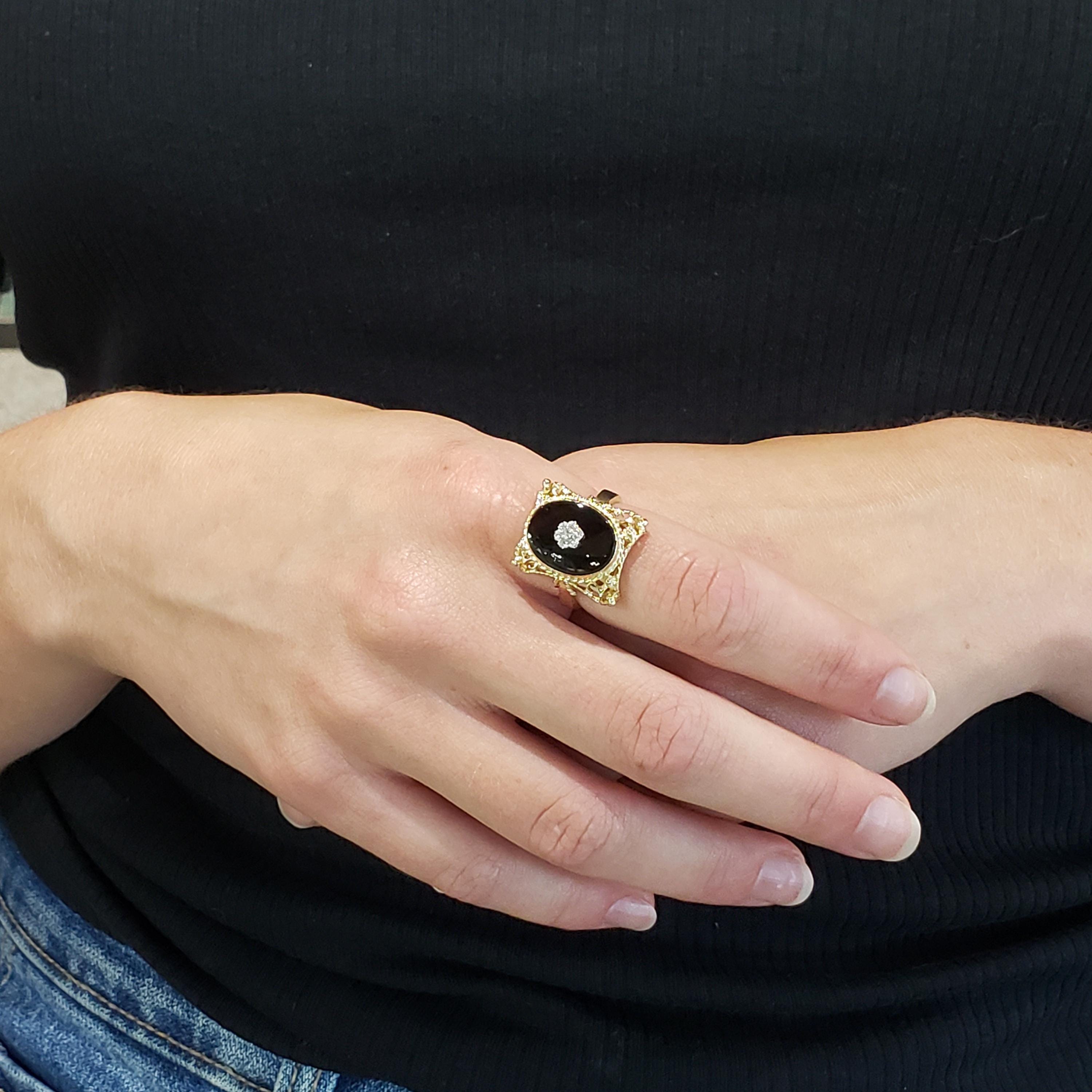 Onyx Rings, Vintage 14k Yellow Gold Black Onyx & Diamond