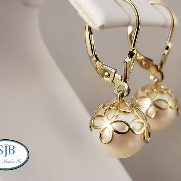 Pearl Earrings, 14k Pearl Dangle Earrings, Vintage Design Earrings, 14k Yellow Gold Floral Pearl Drop Earrings, June Birthstones, #E1438