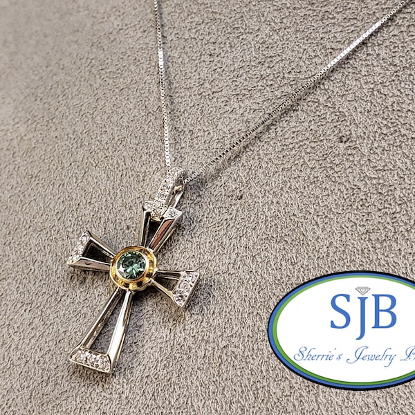 Diamond Cross, 14k Blue Diamond Cross Pendant with .37ct in Diamonds, 14k Diamond Cross, Blue Diamond Cross, 14k Religious Jewelry, #P389