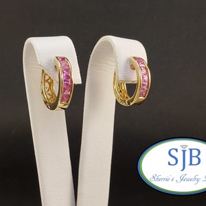 Pink Sapphire Earrings, Pink Sapphire Hoops, 14k Yellow Gold Pink Sapphire Hinged Hoop Earrings, Channel Set Huggie Hoop Earrings, #E1729