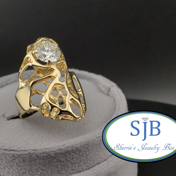 Vintage Diamond Rings, Vintage Freeform Diamond Rings, 14k Yellow Gold Diamond Statement Ring, Unique Diamond Rings, Size 8.5, #C3828