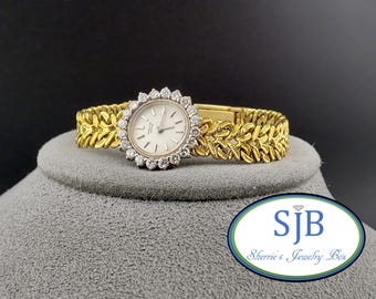 Vintage 18k Diamond Watch, 18k Yellow Gold Sarcar Geneve Swiss Watch with Round Case and Diamond Bezel, Vintage Designer Watches, #C5571