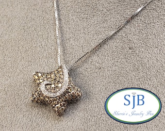 Diamond Pendants, 18k Diamond Star Pendants, 18k White Gold Champagne & White Diamond Star Pendant, Anniversary Pendants, #P462
