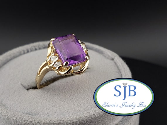 Amethyst Rings, Vintage Emerald Cut Amethyst Ring… - image 1