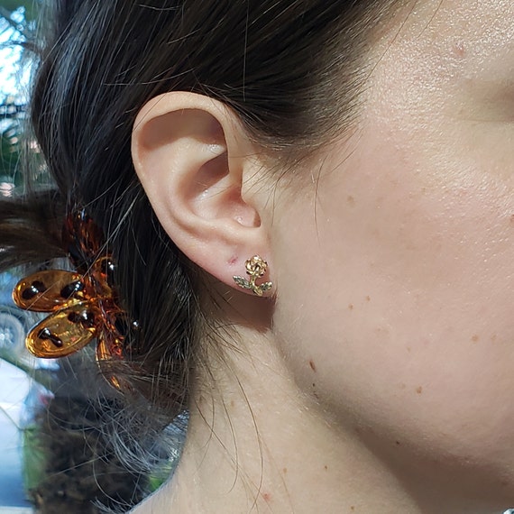 Vintage Flower Earrings, 14k Tri Color Gold Studs… - image 9