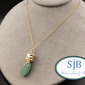 Vintage Jade Pendants, 14k Yellow Gold Bearded Wise Man Figurine Drop Pendant With Oval Green Jade, Jade Fashion Jewelry, #C3807