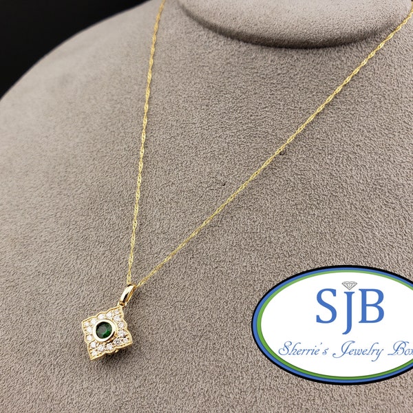 Emerald Pendant, Emerald and Diamond Necklace, 14k Yellow Gold Bezel Set Emerald & Diamond Halo Pendant, 18" Chain, May Birthstones, #P1601