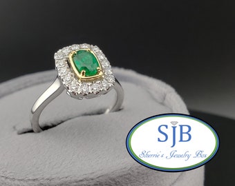 Emerald and Diamond Rings, 18k White and Yellow Gold Emerald & Diamond Halo Ring, Unique Engagement Rings, Anniversary Rings, Size 7, #R1264