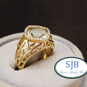 Green Amethyst Ring, Green Amethyst & Diamond Halo Ring, Vintage Style 14k Yellow Gold Green Amethyst Ring with Diamond Halo, Size 6.5 #R697
