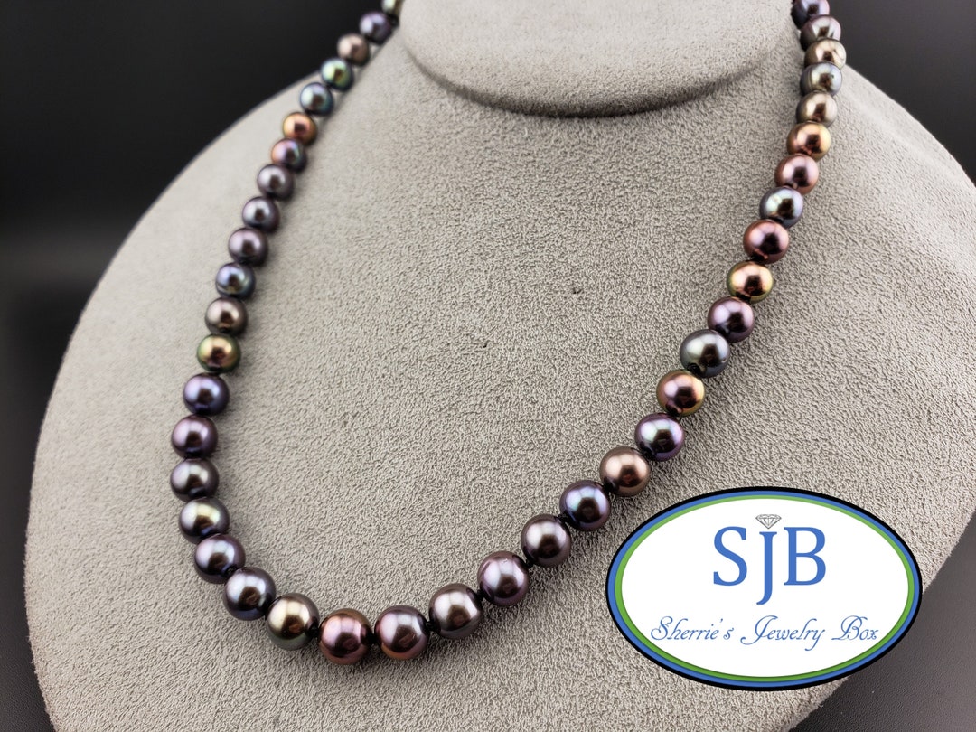 【BLACKPURPLE】Petit B Pearl Layered Necklace Pearlblack Necklace With Black Floral Accent, Triple Strand
