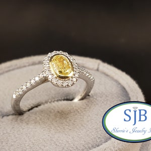 Anelli di fidanzamento, Anelli di fidanzamento in oro bianco 14k con diamanti gialli, Anello di fidanzamento con alone di diamanti ovali, Anelli con diamanti gialli, Misura 7,25, #WD804