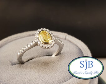 Engagement Rings, 14k White Gold Yellow Diamond Engagement Rings, Oval Diamond Halo Engagement Ring, Yellow Diamond Rings, Size 7.25, #WD804